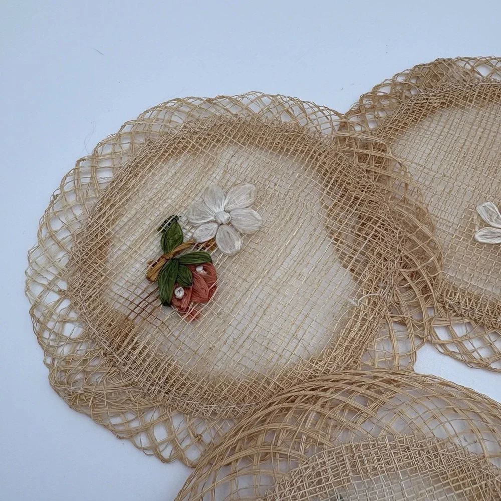 Handwoven Raffia Straw Round‎ Coasters Embroidered Flowers 6